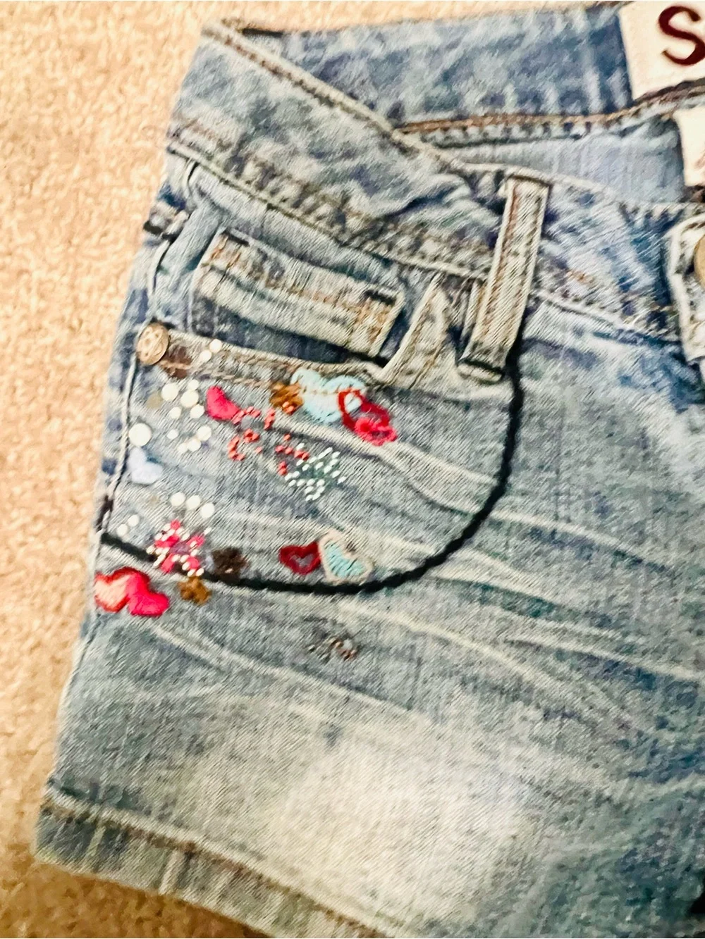 Girls' Light Blue Denim Shorts with Embroidered Hearts